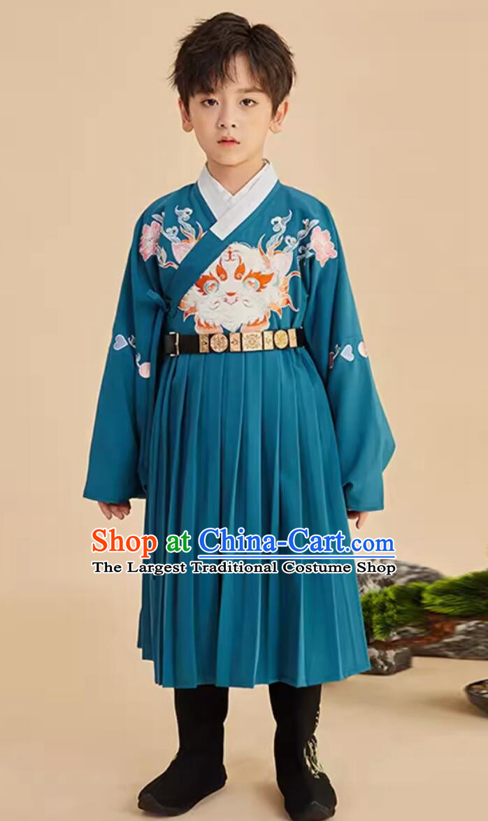Chinese Ming Dynasty Embroidered Tiger Green Robe Traditional Hanfu Children Costumes