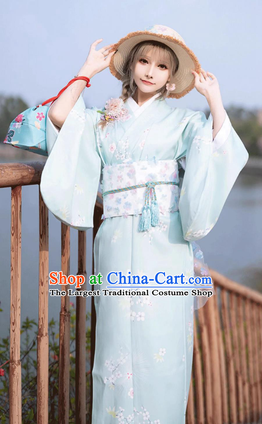 Japanese Light Blue Kimono Women Traditional Costume