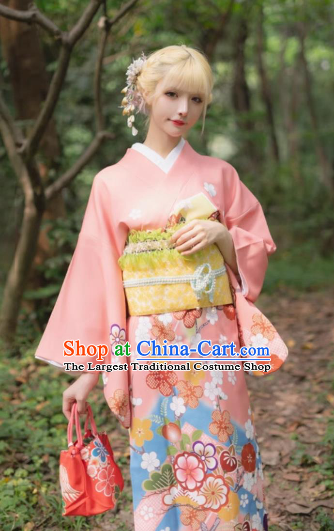 Printed Traditional Formal Japanese Kimono Women Visiting Kimono Pink Wedding Dress