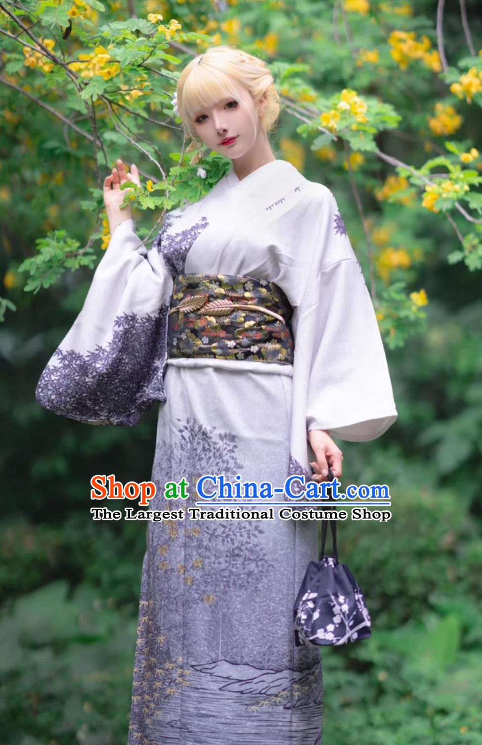 Printed Violet Dress Traditional Formal Attire Japanese Kimono Women Visiting Kimono