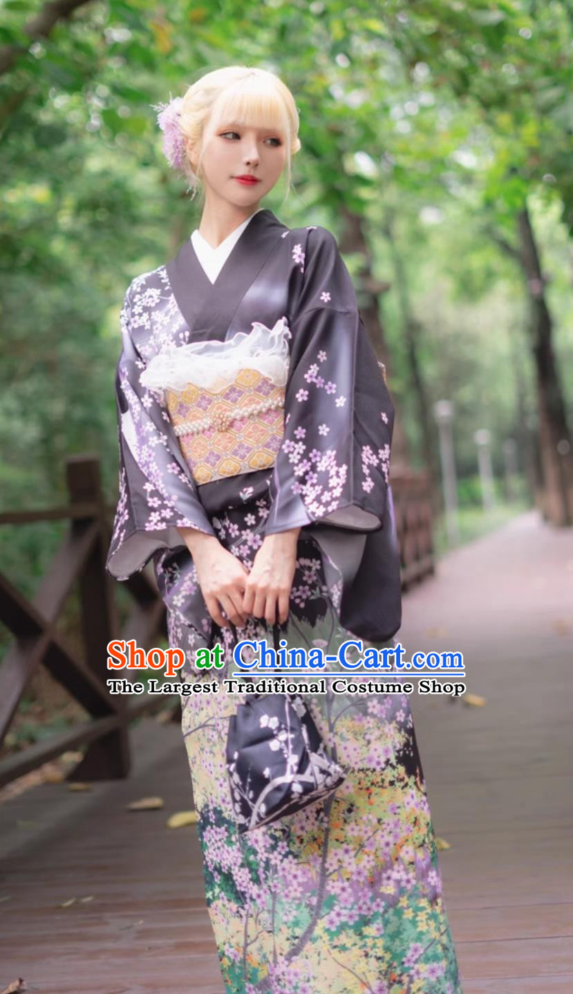 Women Visiting Kimono Printed Black Dress Traditional Formal Attire Japanese Kimono