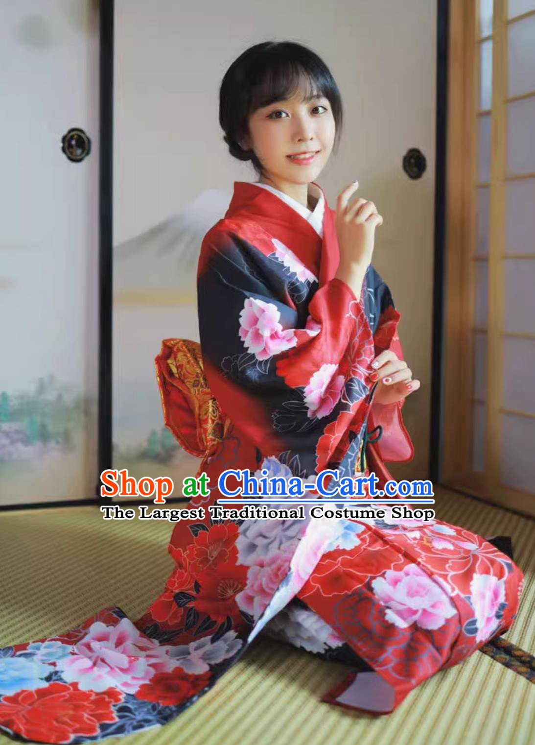 Japanese Women Kimono Formal Attire Wine Red Floral Furisode Kimono