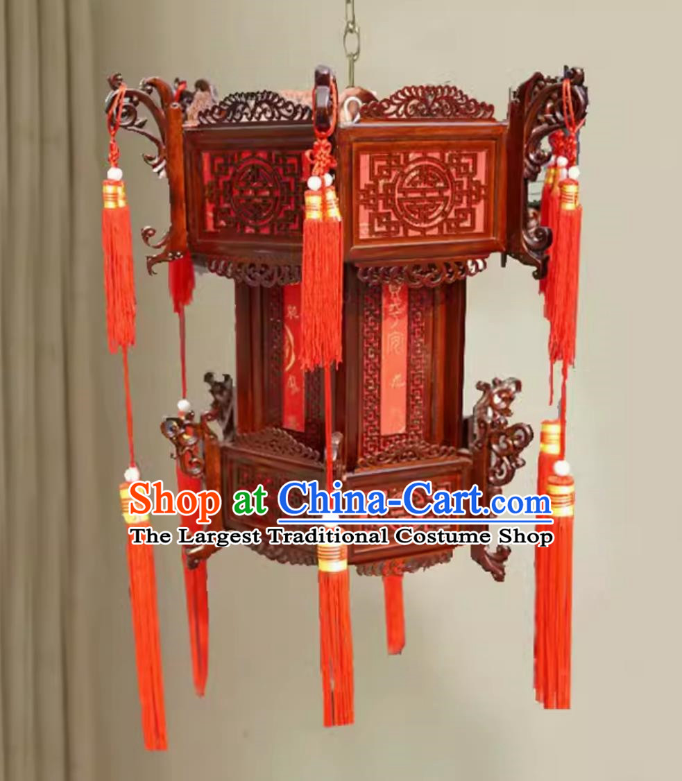 45cm Chinese Style Antique Solid Wood Hexagonal Palace Lantern Red Rose Pear Chinese New Year Lantern With The Word Fu