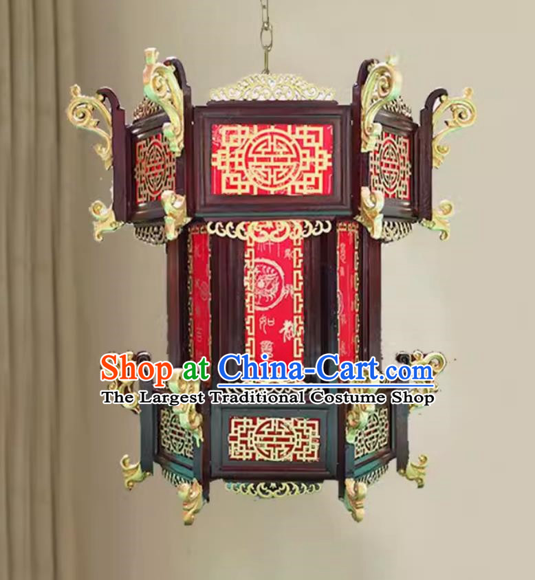 45cm Chinese Style Antique Solid Wood Hexagonal Palace Lantern Red Rose Pear Chinese New Year Lantern With The Word Fu