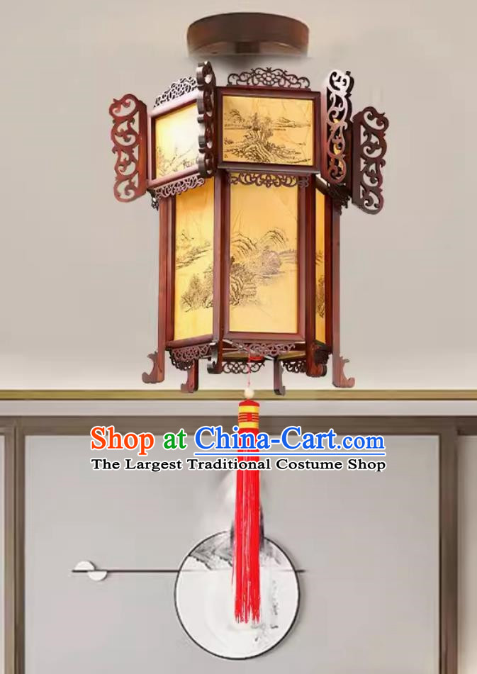 55cm Antique Palace Lantern Chinese Style Solid Wood Hexagonal Palace Lantern Yellow Sheepskin Landscape New Year Lantern