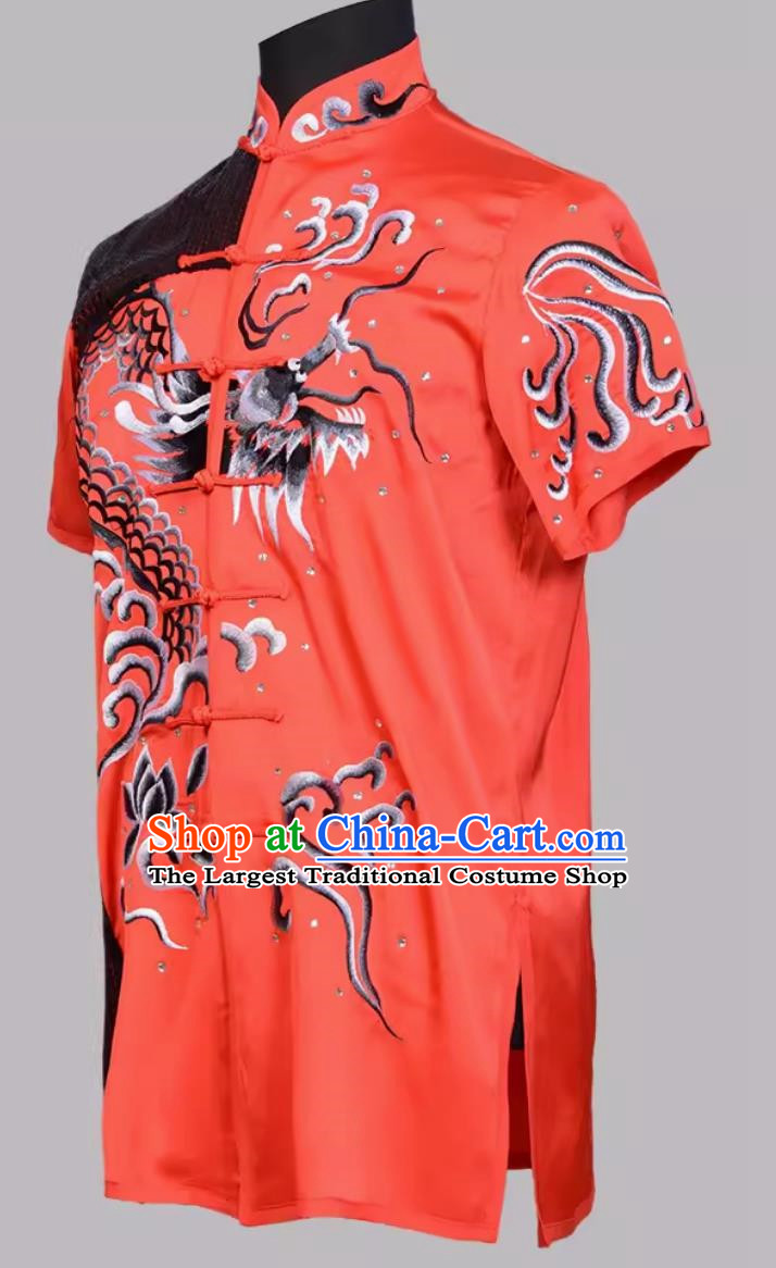 Martial Arts Black Sequin Embroidered Dragon Cloud Red Performance Clothing Competition Practice Clothing