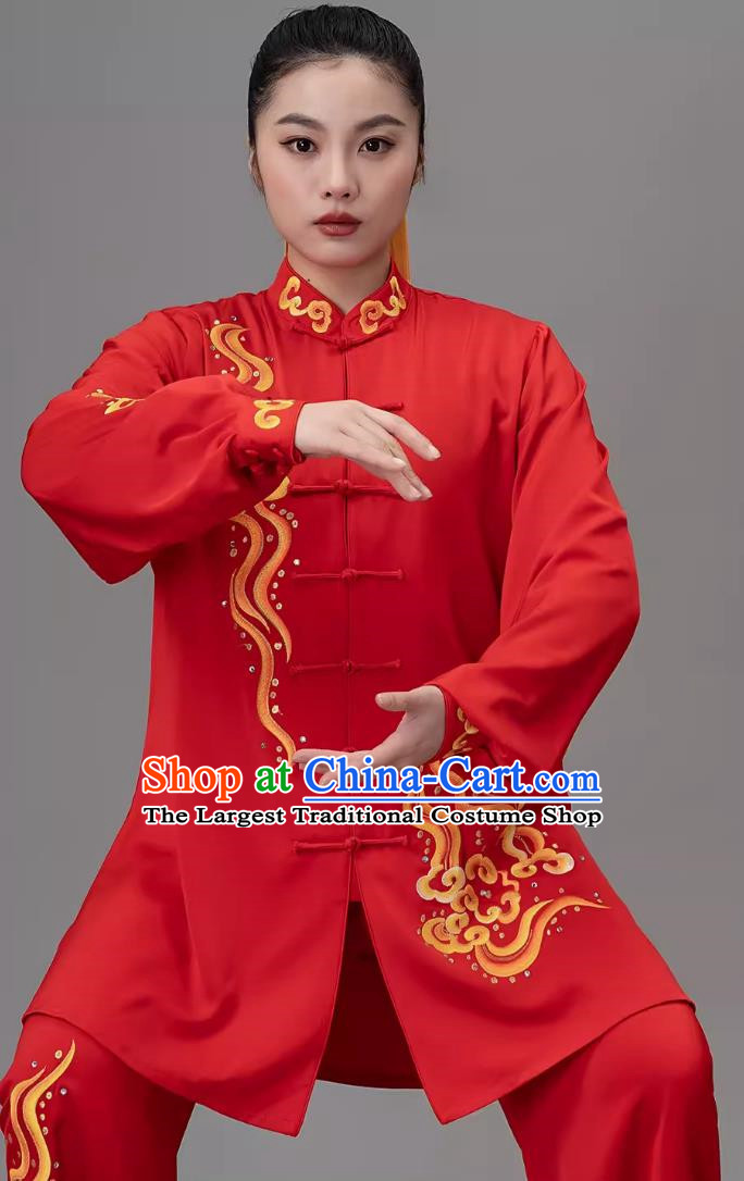 Chinese Red Embroidered Xiangyun Tai Chi Performance Competition Wear Tai Chi Suit