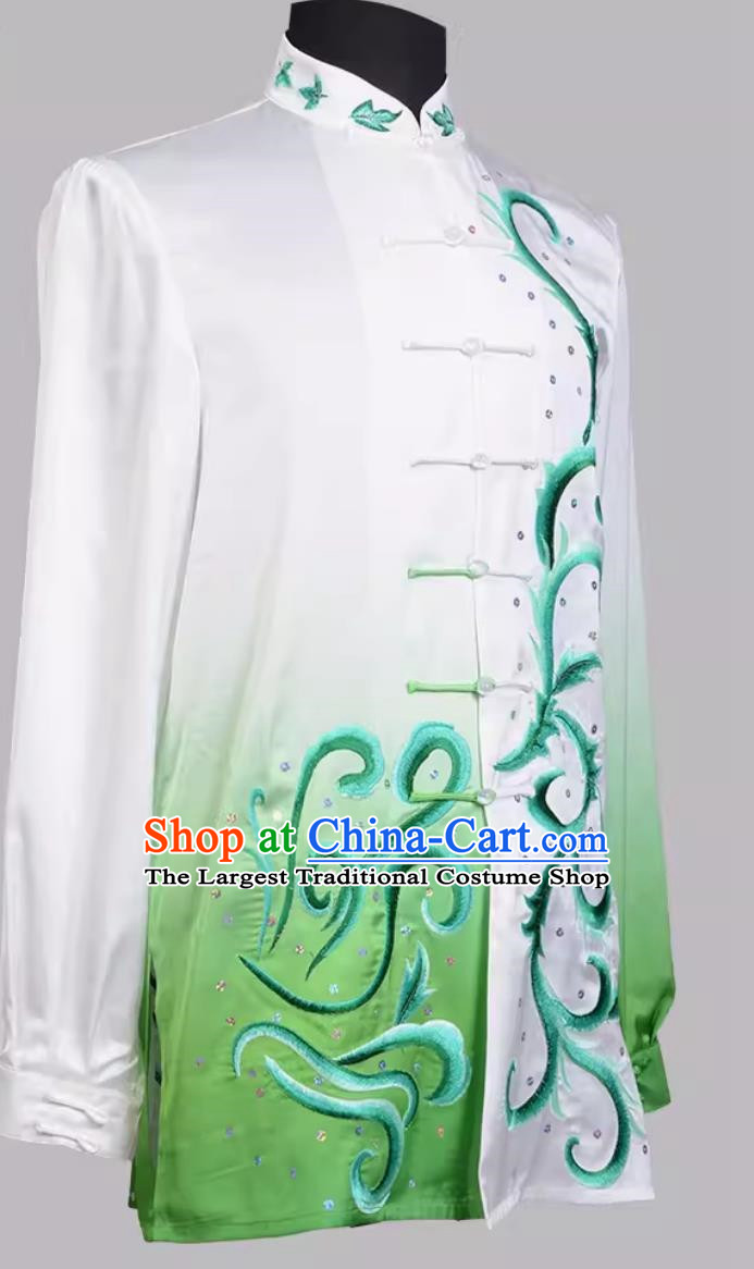 Gradient Color Long Sleeved Tai Chi Performance Costume Embroidered With Sequins