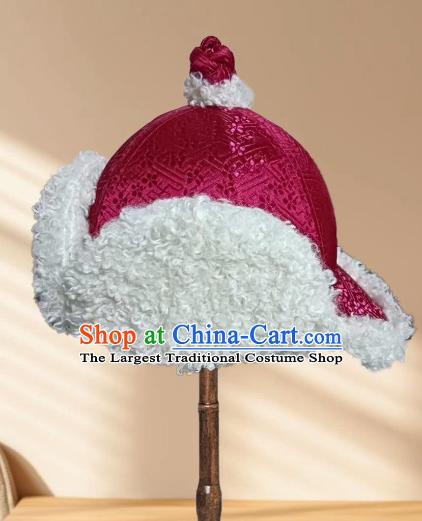 Pink Children Mongolian Fur Hat Ethnic Style Plus Cotton Hat Inner Mongolia Girl Lamb Wool Hat