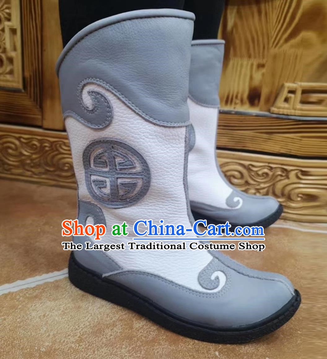 Light Gray Children Mongolian Boots Ethnic Style Genuine Leather Knight Boots Martin Boots For Boys And Girls Dance Performances Daily Wear Boots