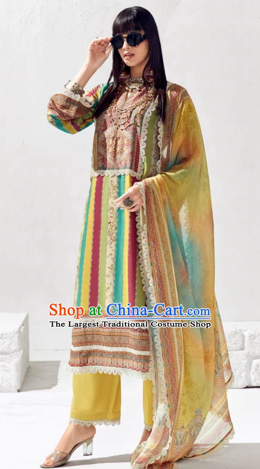 Indian Panchabi Yellow Three Piece Suit Tailored Exotic Women Clothing