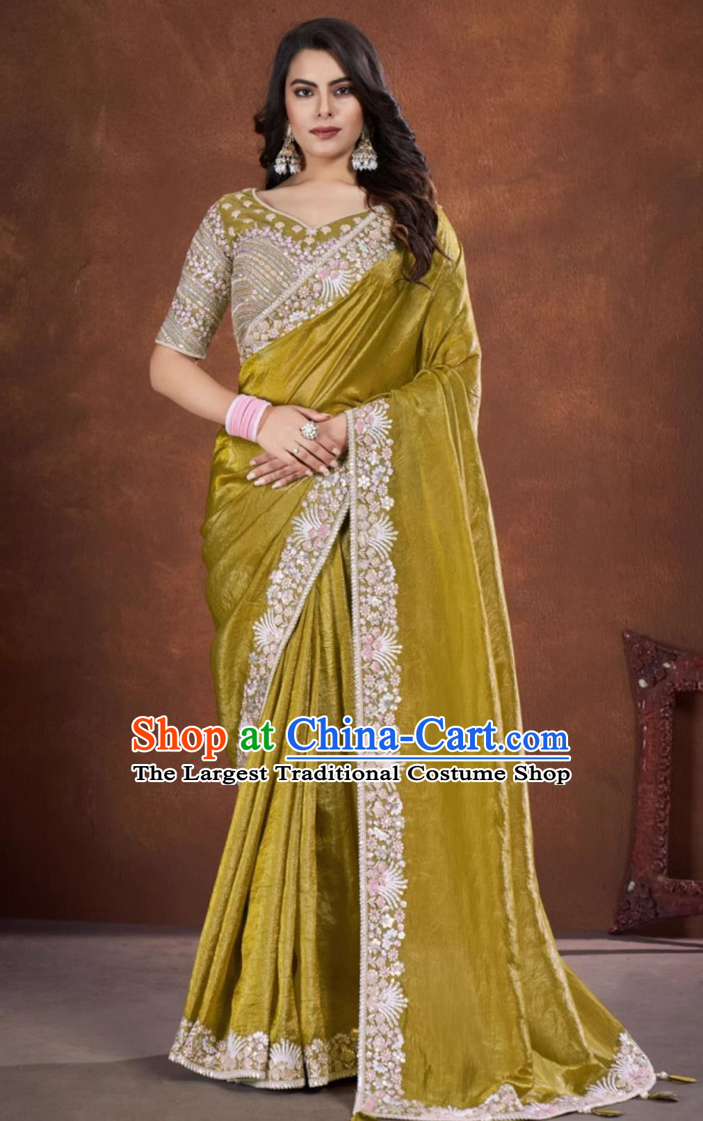 Ginger Embroidered National Indian Saree With Diamonds Features Traditional Festival Party Women Wrap Skirt Sari
