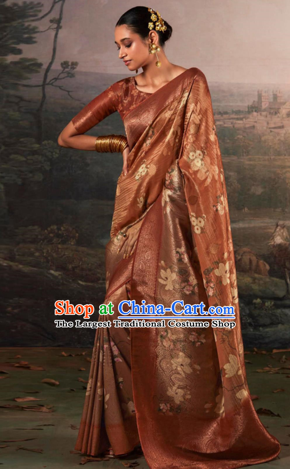 Rust Red Indian Saree Features Traditional Silk Print National Ladies Wrap Skirt Sari Daily Festival Wear
