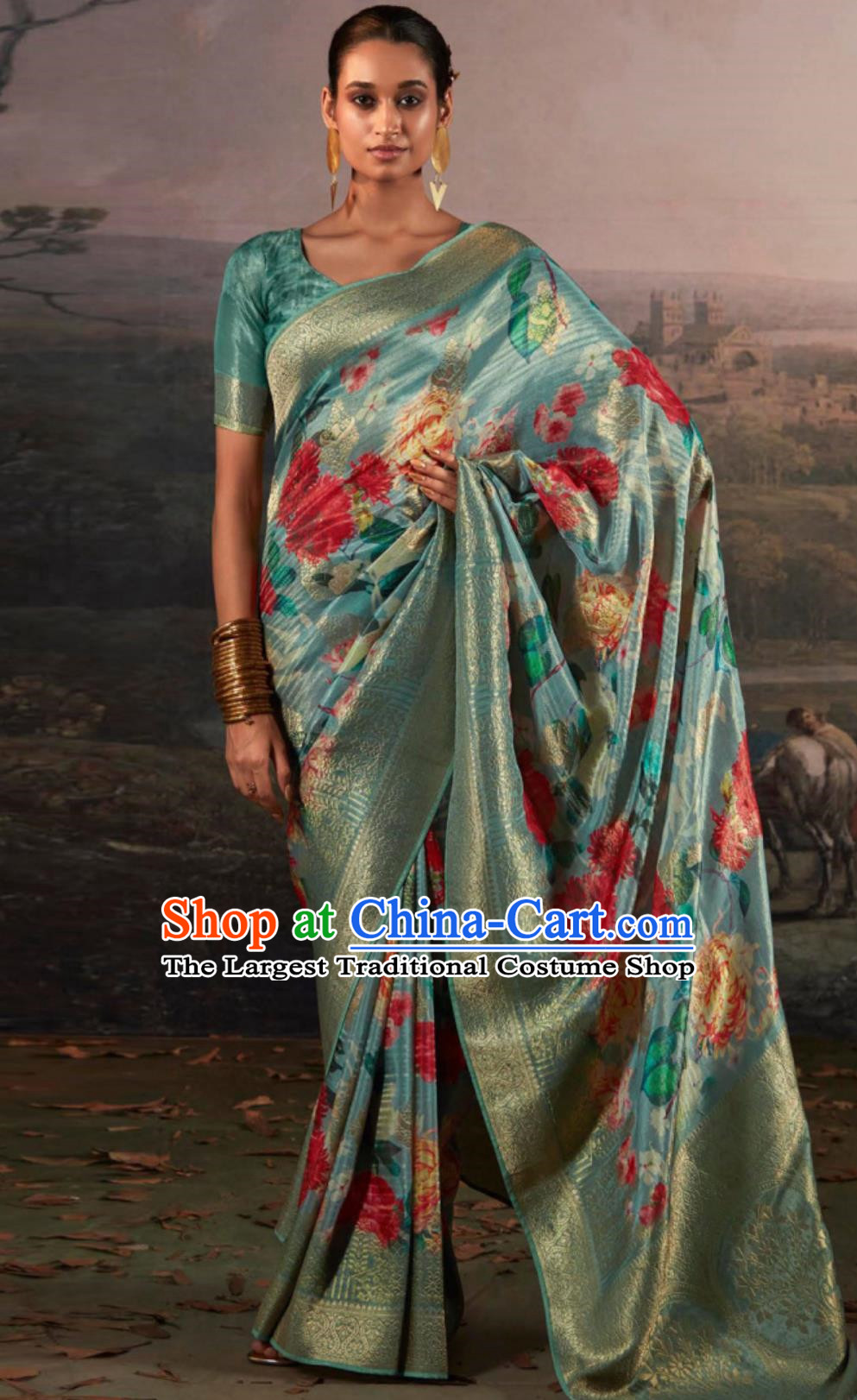 Sky Blue Indian Saree Features Traditional Silk Print National Ladies Wrap Dress Daily Festive Wear