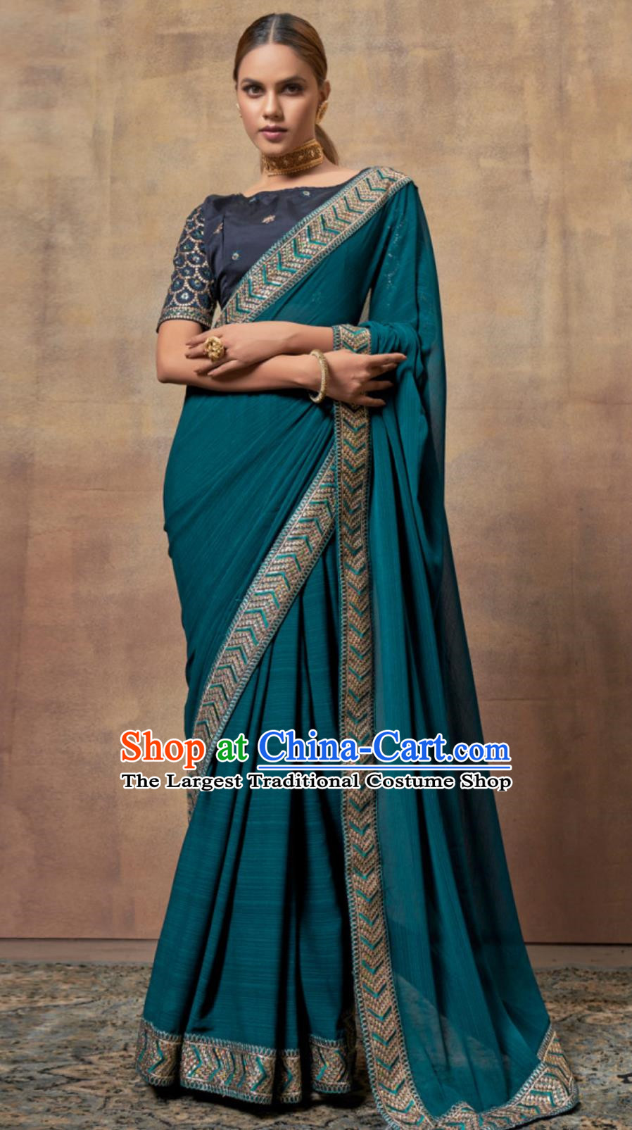 Indian Saree National Women Peacock Blue Wrap Skirt Sari Embroidery