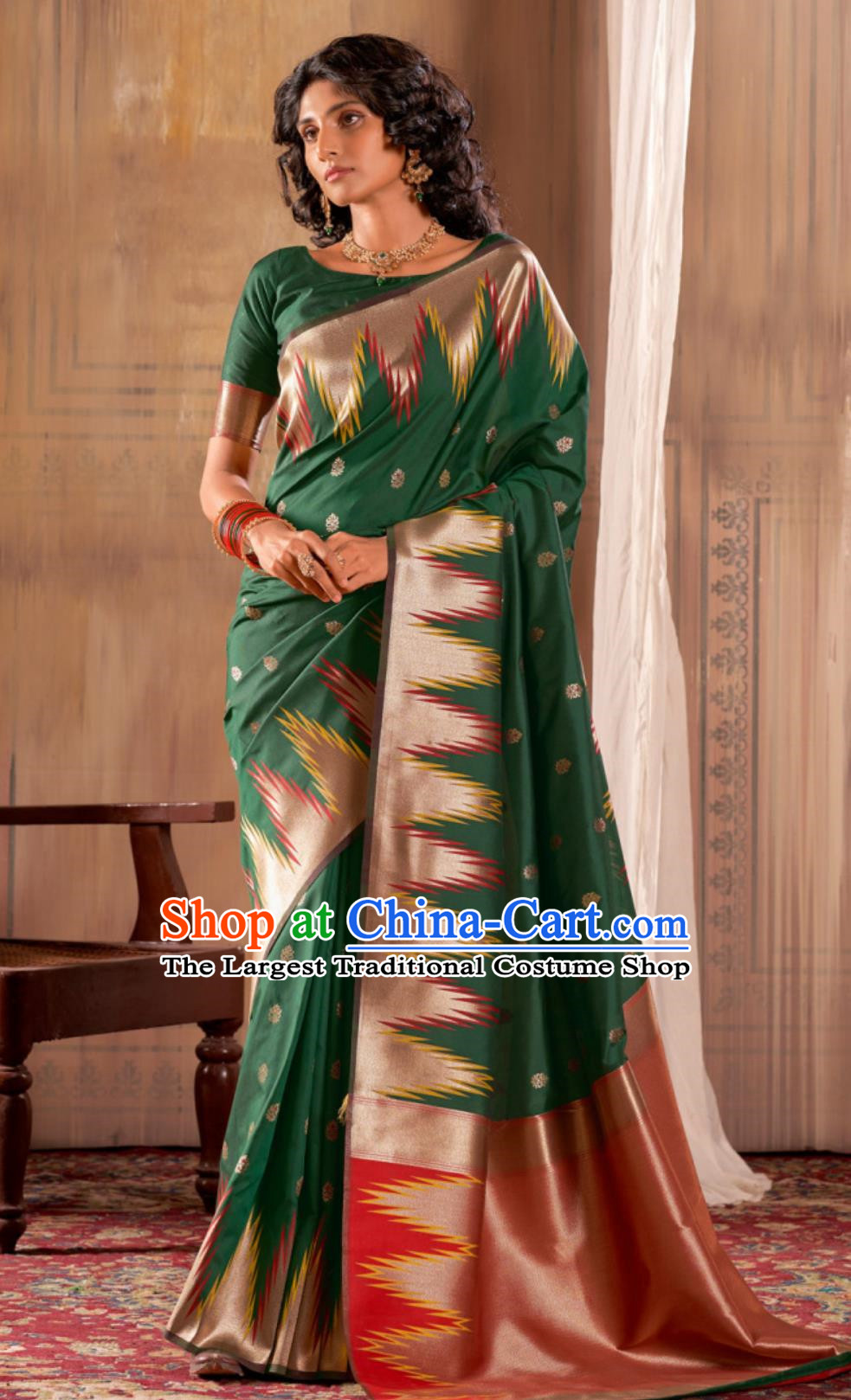 Dark Green Indian Saree Silk Jacquard National Women Wrap Skirt Sari Traditional Festival Party Wear