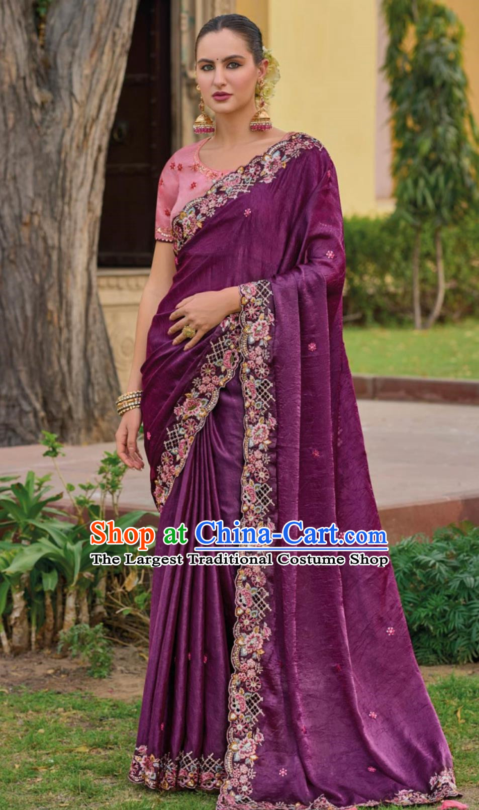 Hollow Embroidery Indian Saree National Ladies Purple Wrap Skirt Sari Festival Party Outfit