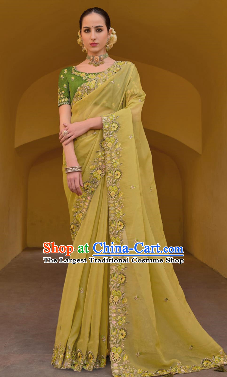 Hollow Embroidery Indian Saree National Women Yellow Wrap Skirt Sari Festival Party Outfit