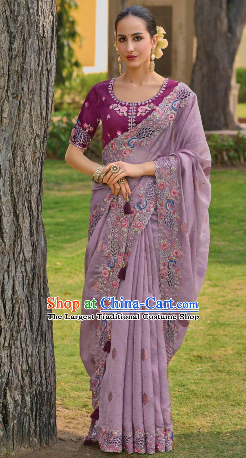 Hollow Embroidery Indian Saree National Ladies Violet Wrap Skirt Sari Festival Party Outfit