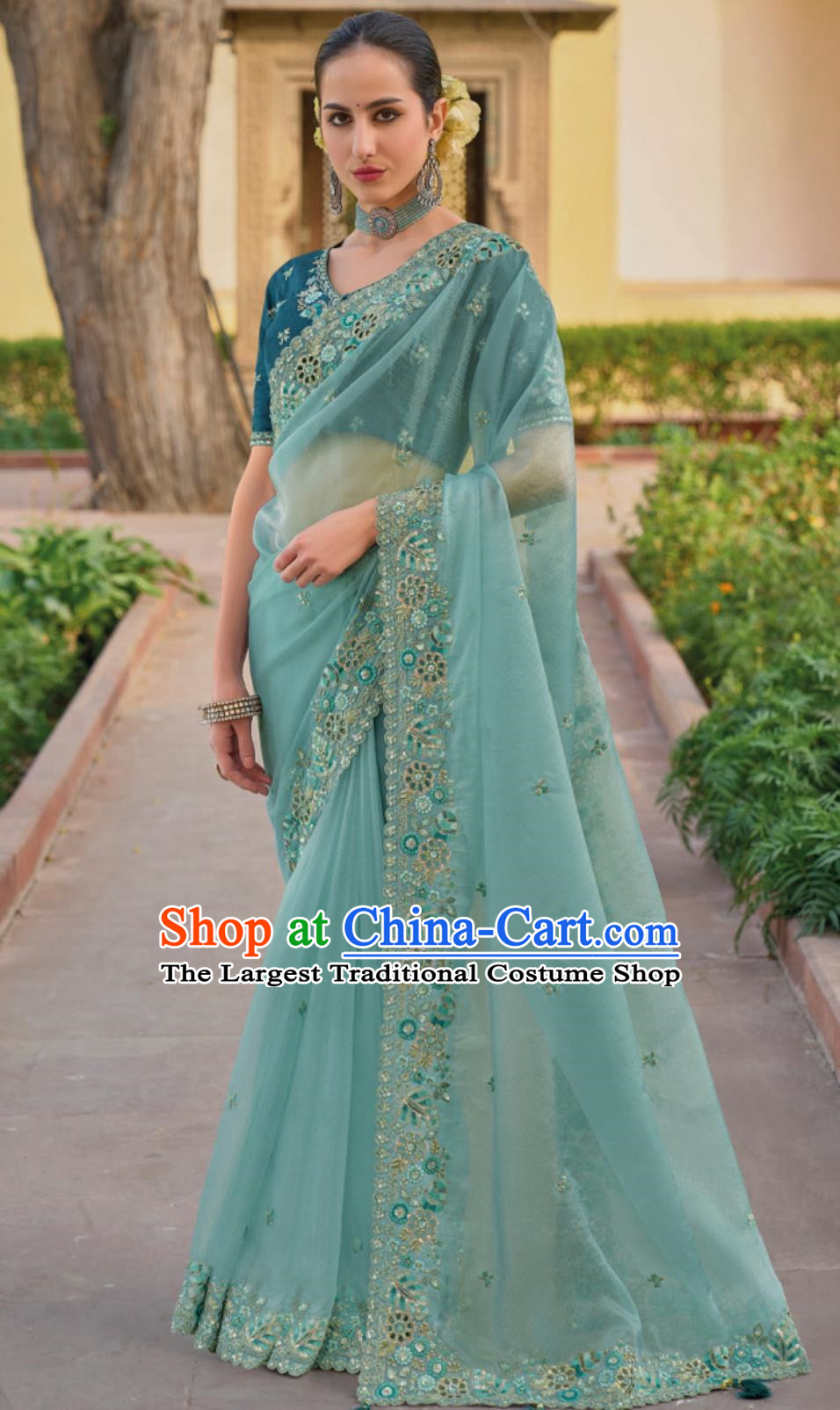 Hollow Embroidery Indian Saree National Ladies Sky Blue Wrap Skirt Sari Festival Party Outfit