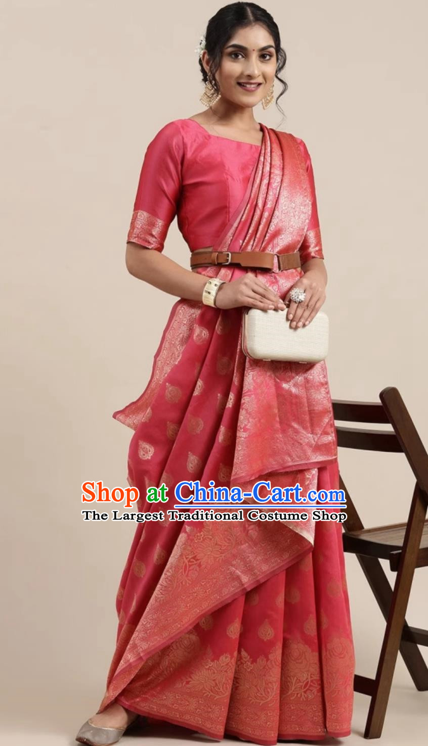 Rose Red Indian Saree Silk Jacquard Traditional National Festive Women Wrap Skirt Sari