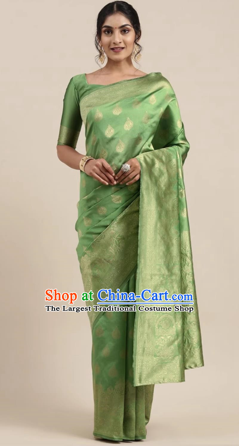 Green Indian Saree Silk Jacquard Traditional National Festive Women Wrap Skirt Sari
