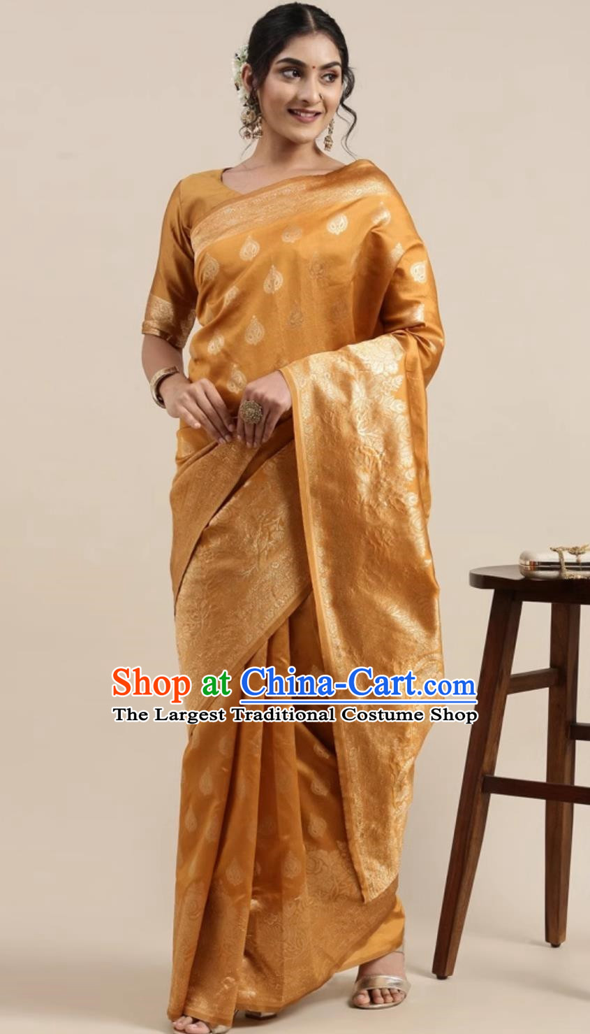 Ginger Indian Saree Silk Jacquard Traditional National Festive Women Wrap Skirt Sari