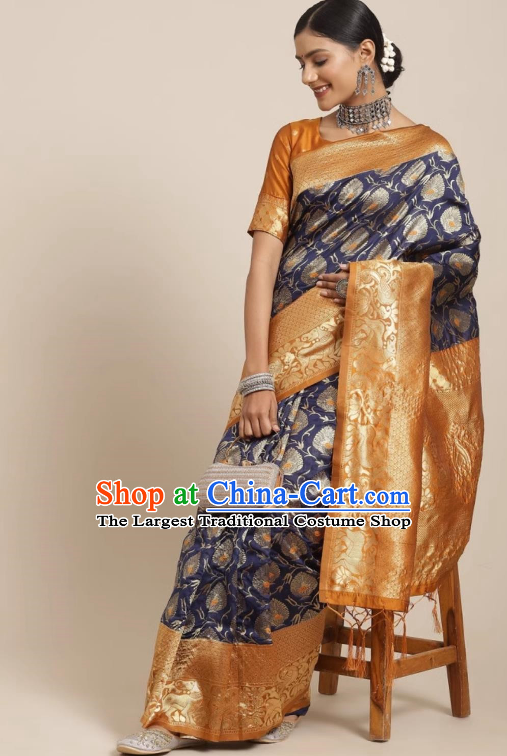 Indian Saree Navy Silk Blend National Jacquard Traditional Women Wrap Skirt Sari Festival Party Wear