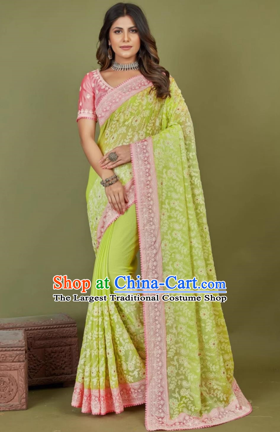 Emerald Green Chiffon Indian Saree Embroidered National Ladies Wrap Skirt Sari