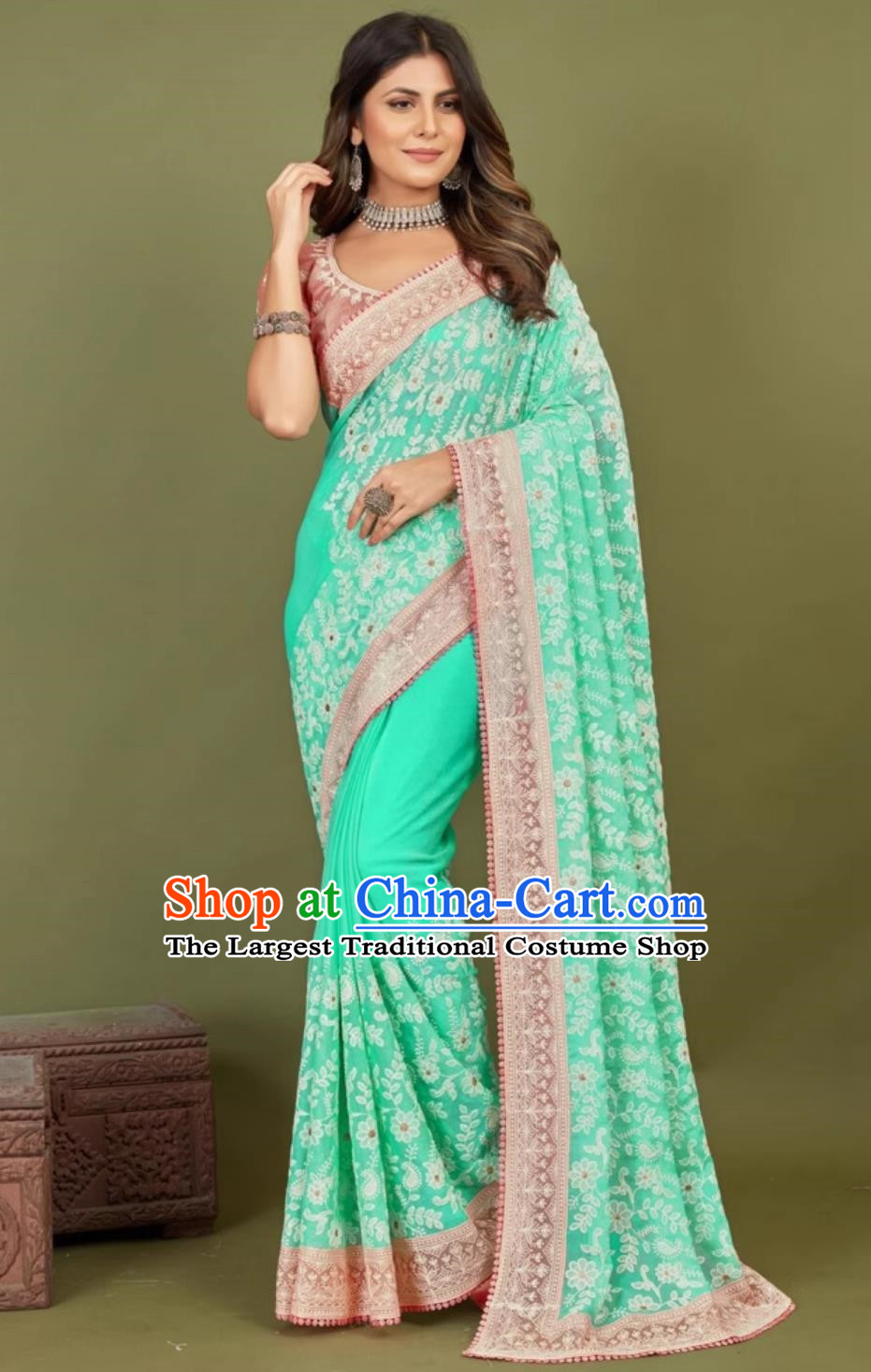 Lake Green Chiffon Indian Sari Embroidered National Ladies Wrap Skirt Sari