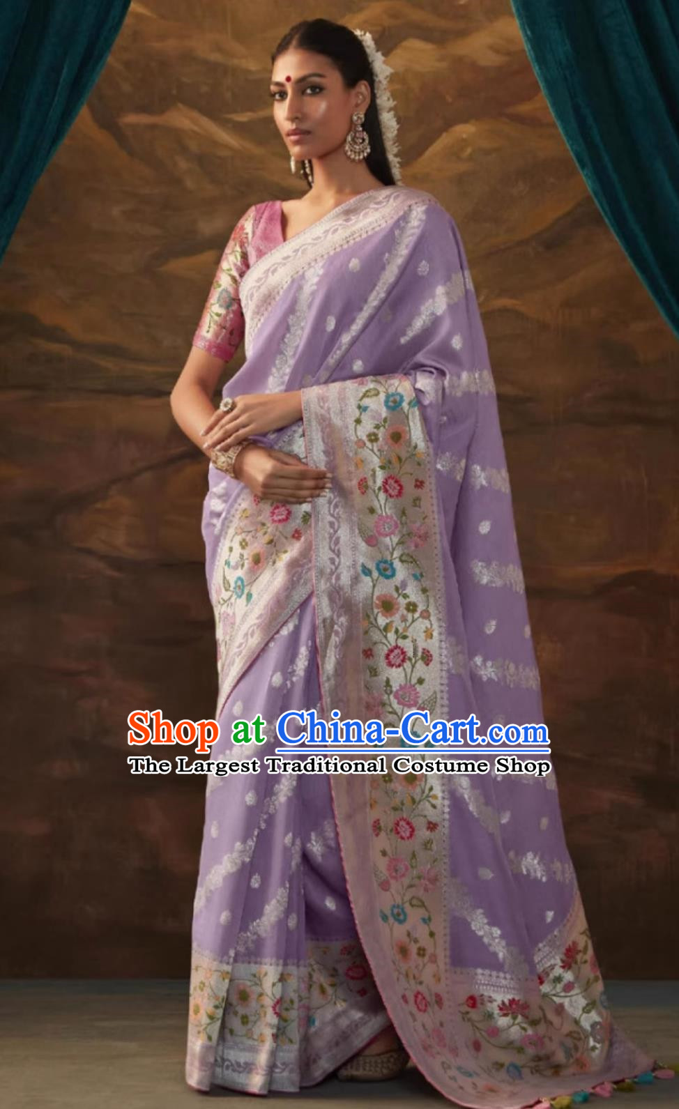 Lavender Indian Saree National Women Wrap Skirt Sari Dress High End Silk Jacquard Dress