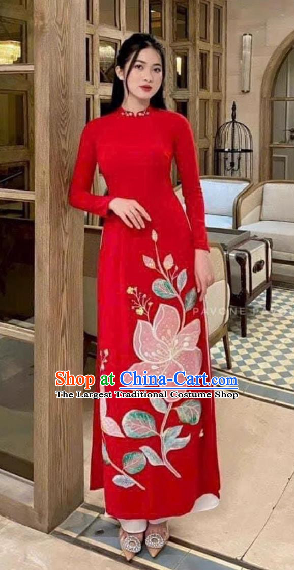 Red Embroidered Vietnamese Ao Daijing Ethnic Style Slit Skirt Retro Suit