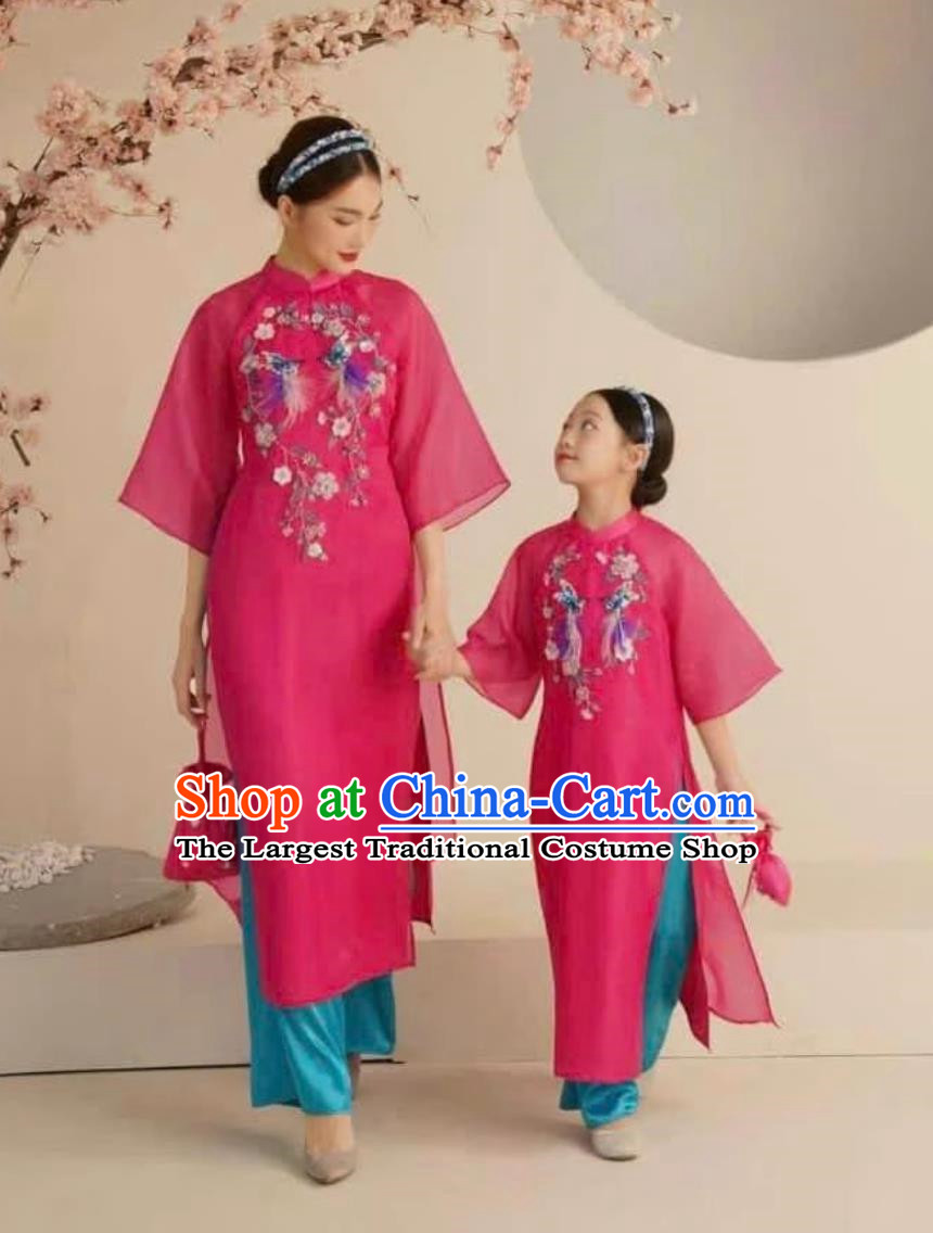 Vietnamese Ao Dai Children Clothing Parent Child Wear Cheongsam Stage Wear Performance Clothing Embroidered Slit Two Piece Set