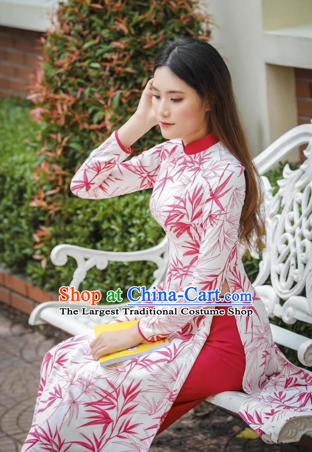 Maple Leaf Pattern Vietnamese Ao Daijing Ethnic Style Slit Skirt Retro Suit