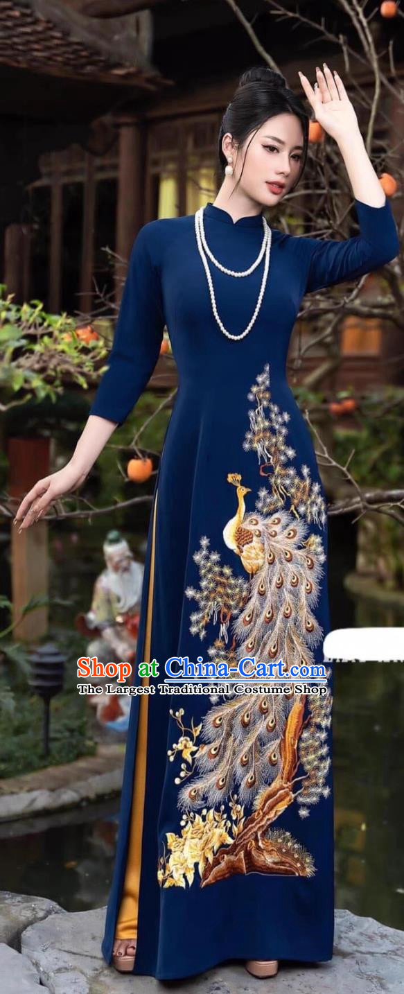 Peacock Embroidery Navy Blue Vietnamese Ao Daijing Ethnic Costume Ethnic Stage Classical Cheongsam