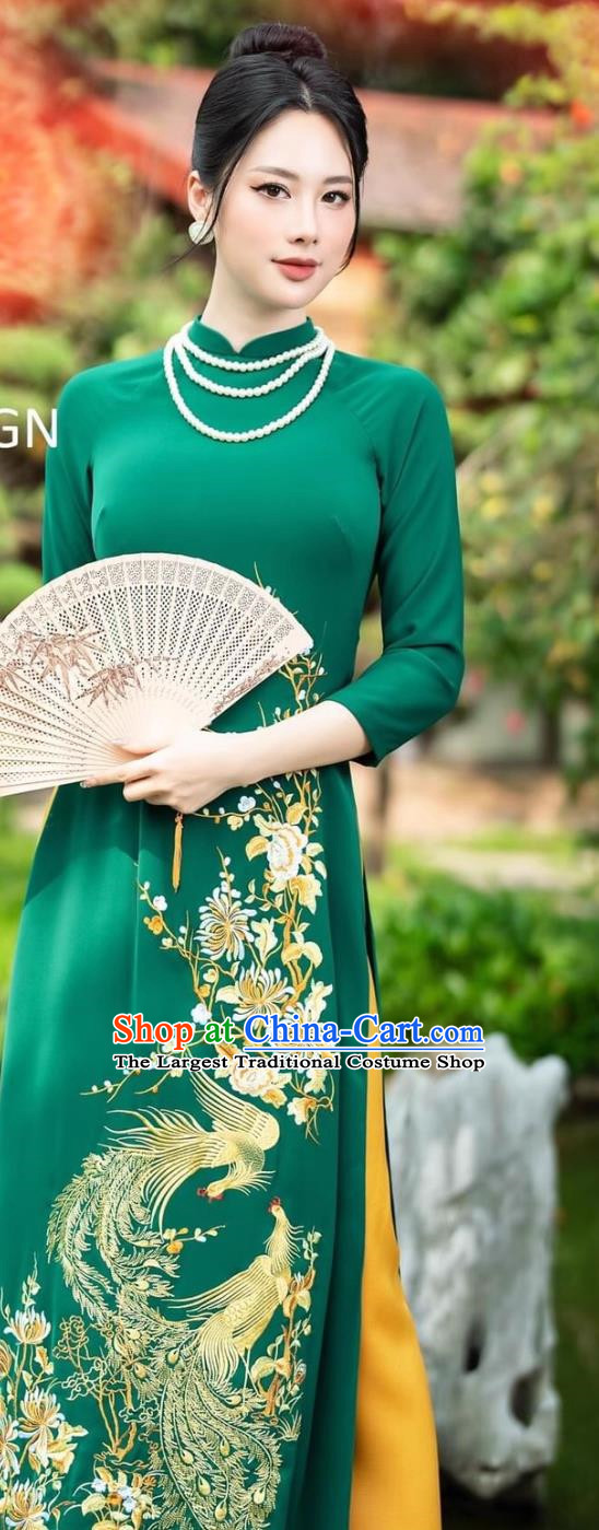 Peacock Embroidery Noble Green Vietnamese Ao Daijing Ethnic Costume Ethnic Stage Classical Cheongsam