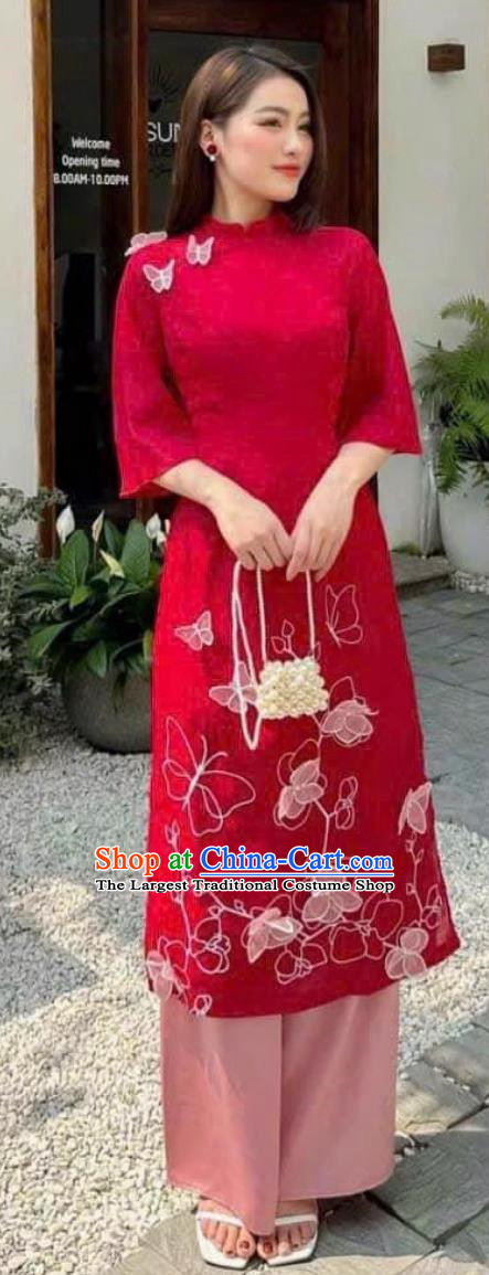 Red Embroidered Young Women Vietnamese Ao Dai Kin Costume Ethnic Style Slit Skirt Suit