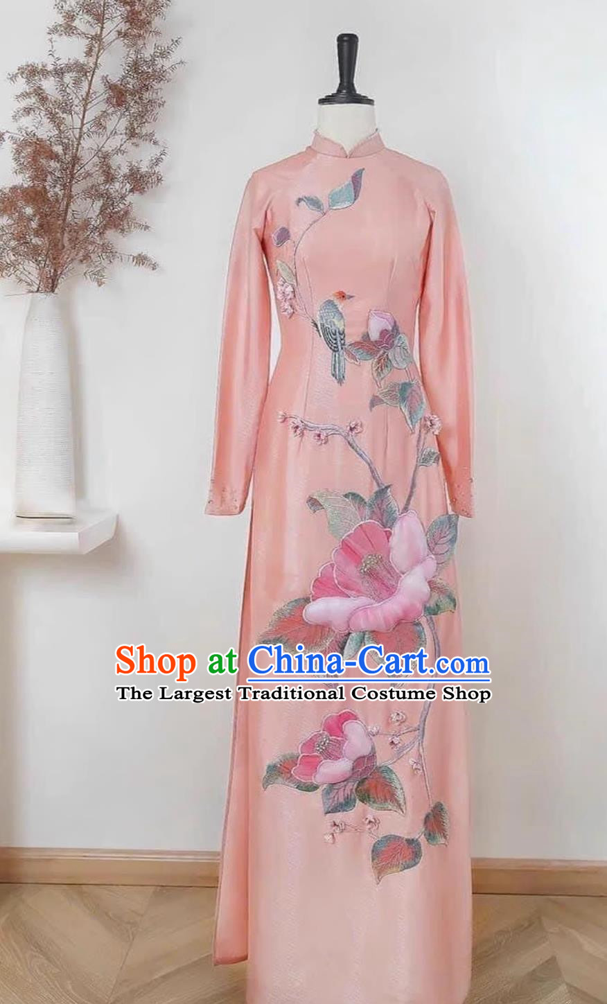 Pink Embroidered Vietnamese Ao Daijing Ethnic Costume Ethnic Style Slit Skirt Retro Women Suit