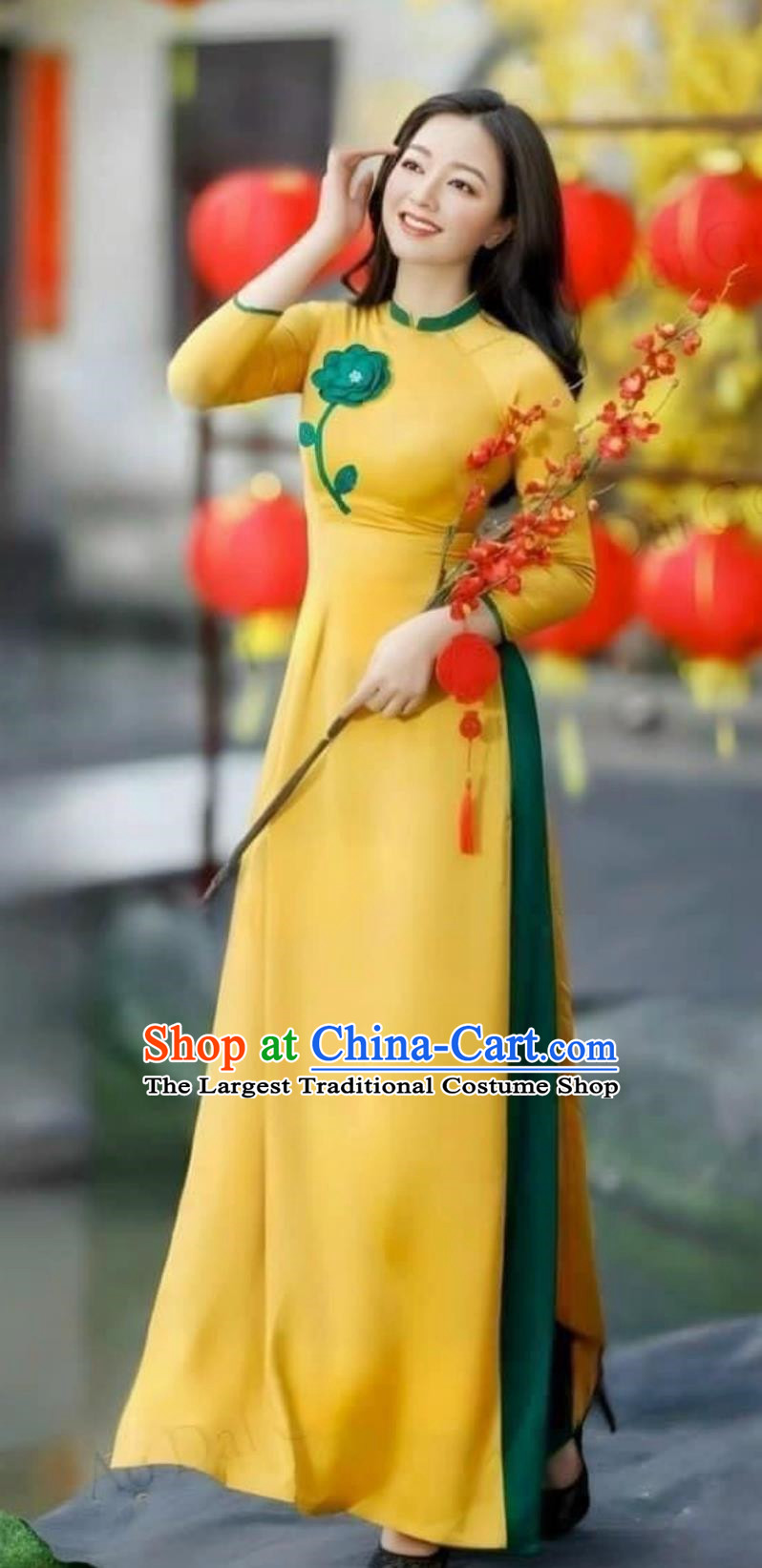 Embroidered Color Block Vietnamese Ao Daijing Costume Women Ethnic Style Slit Skirt Retro Suit