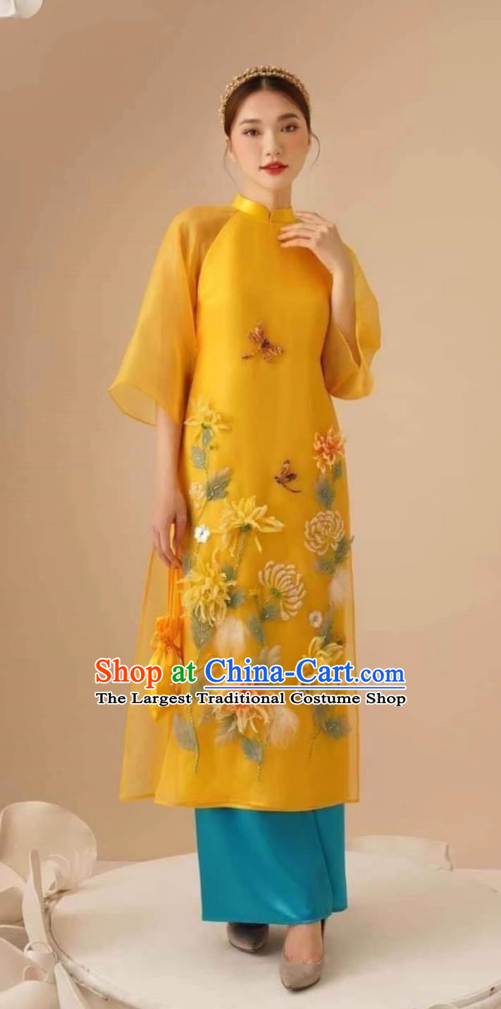 Vietnamese Ao Dai Loose Fitting Wide Leg Pants Two Piece Set Embroidered Yellow Stand Up Collar Organza Clothing