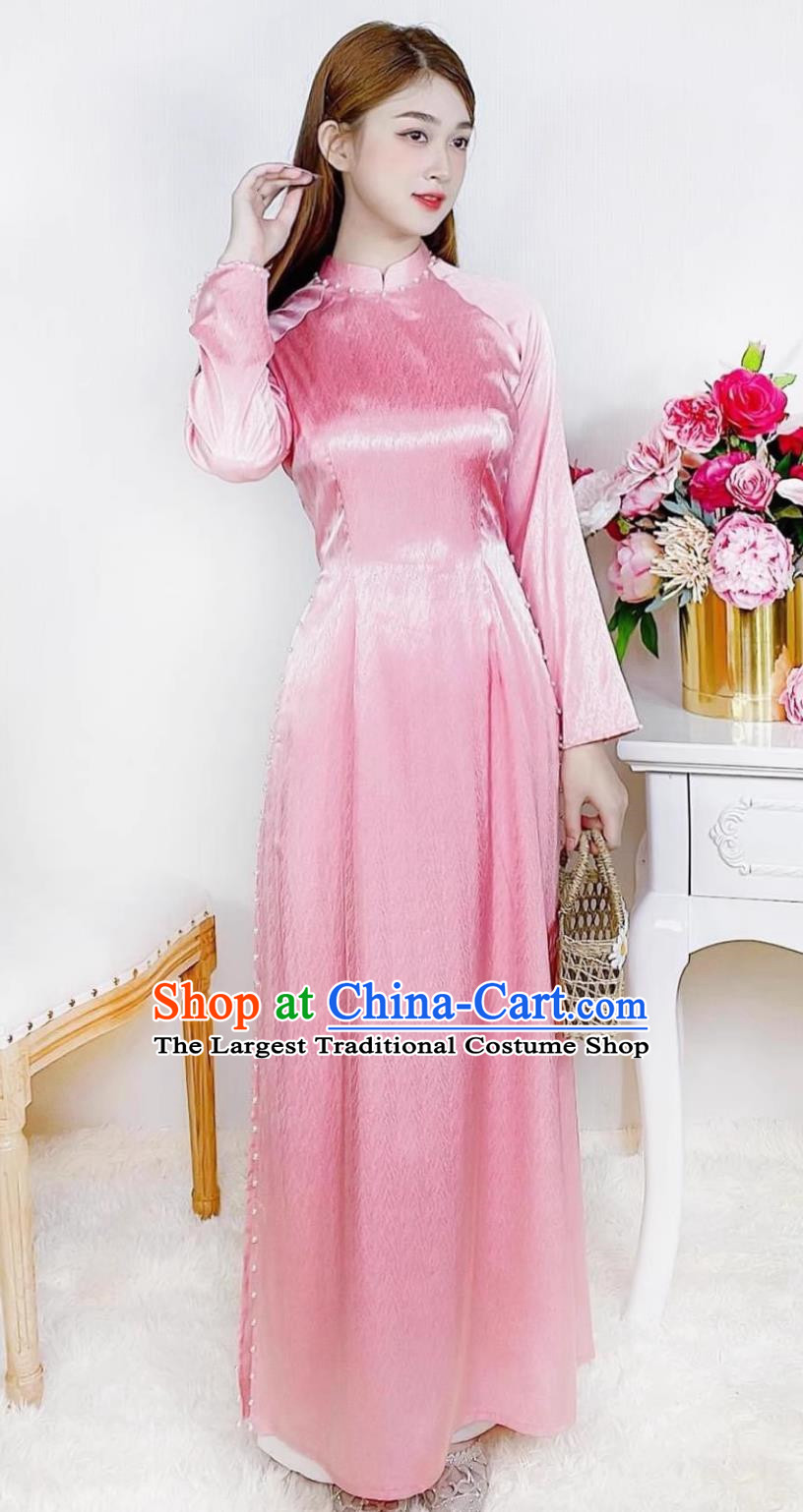 Pink Vietnamese Ao Dai Improved Version Of Cheongsam Stage Costume Performance Costume High Waist Slit Slim Ceremonial Costume Model Catwalk Costume