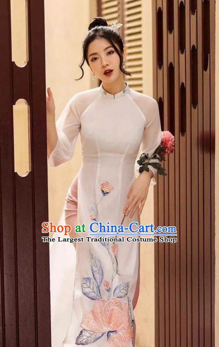Vietnamese Ao Dai Cheongsam Skirt Wide Leg Pants Two Piece Suit Chinese Style Catwalk Long Performance Costume