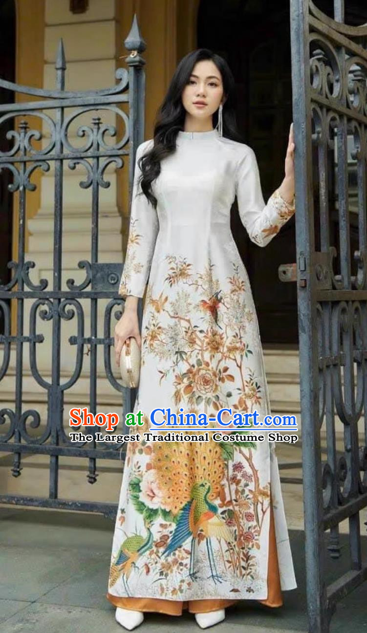 Vietnamese Ao Dai Ethnic Style Ao Dai Cheongsam Dress For Women Chinese Style Retro Peacock Skirt