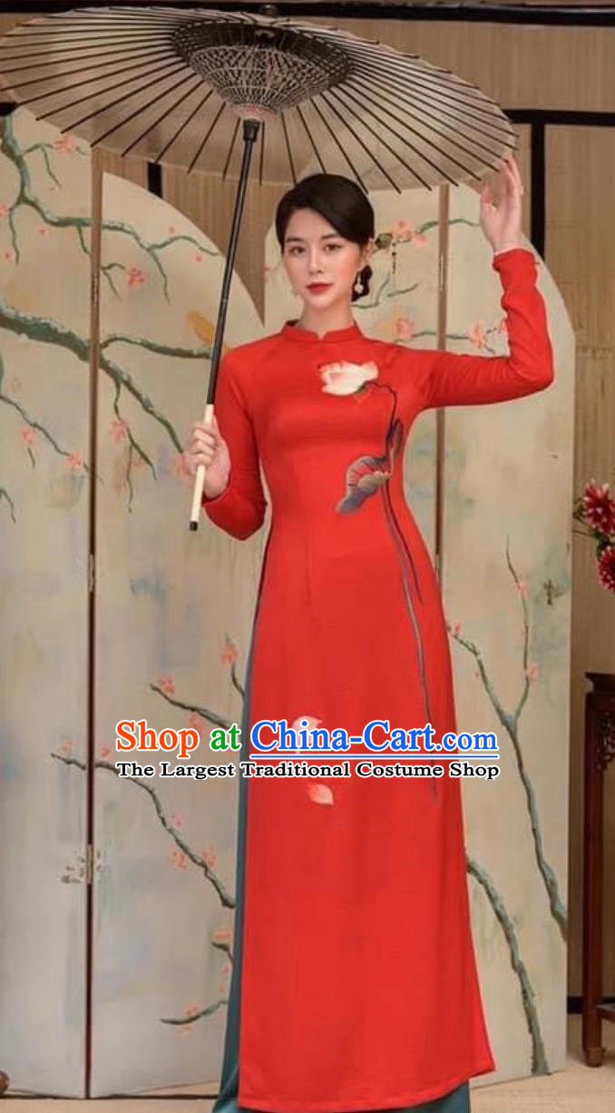 Long Stand Collar Embroidered Red Long Dress Chinese Style Ao Dai Cheongsam Retro Dress