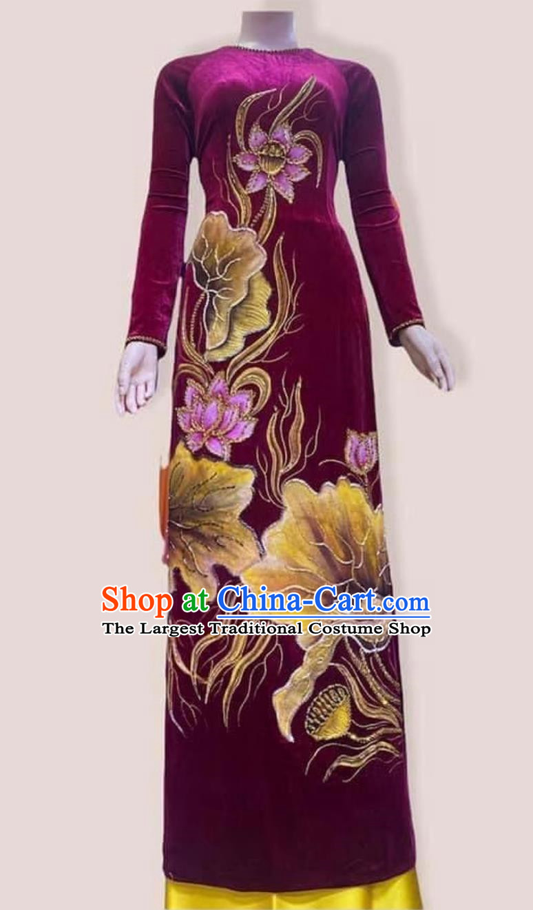 Gold Velvet Hand Painted Ao Dai Improved Version Of Cheongsam With Lotus Pattern Cheongsam Performance Costume Stage Costume