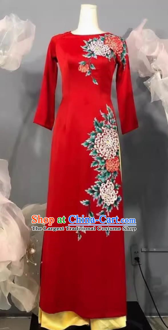 Long Skirt Solid Color Long Sleeves Vietnamese Ao Dai Cheongsam Hand Painted Stage Outfit