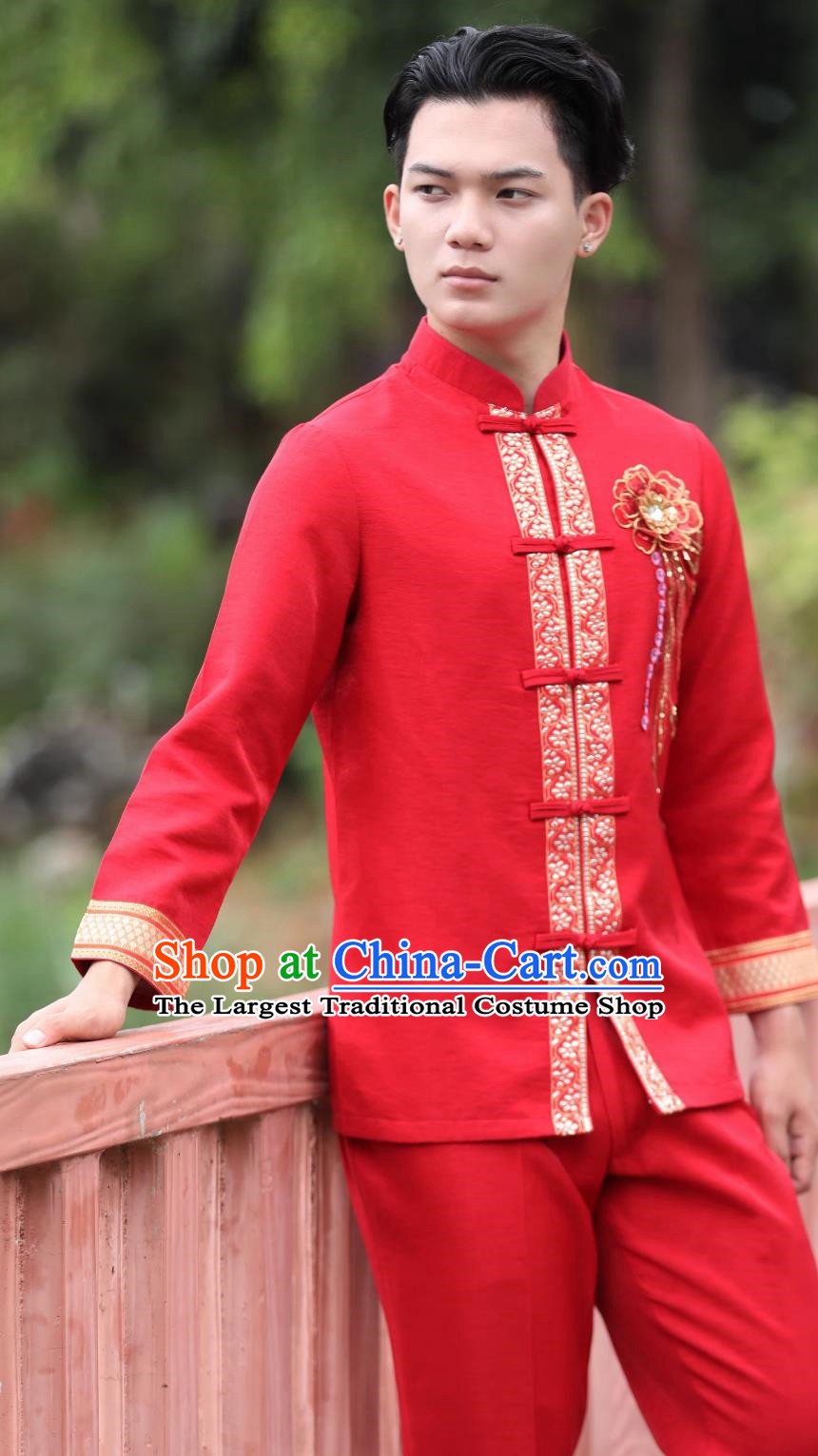 Dai Ethnic Groom Suit Thai Style Wedding Dress Bright Red Suit