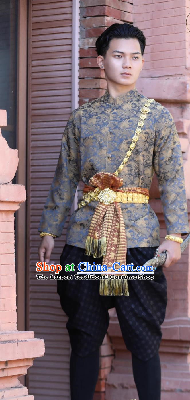 Thai Traditional Men Brown Suit Palace Retro Clothing Welcome Work Clothes