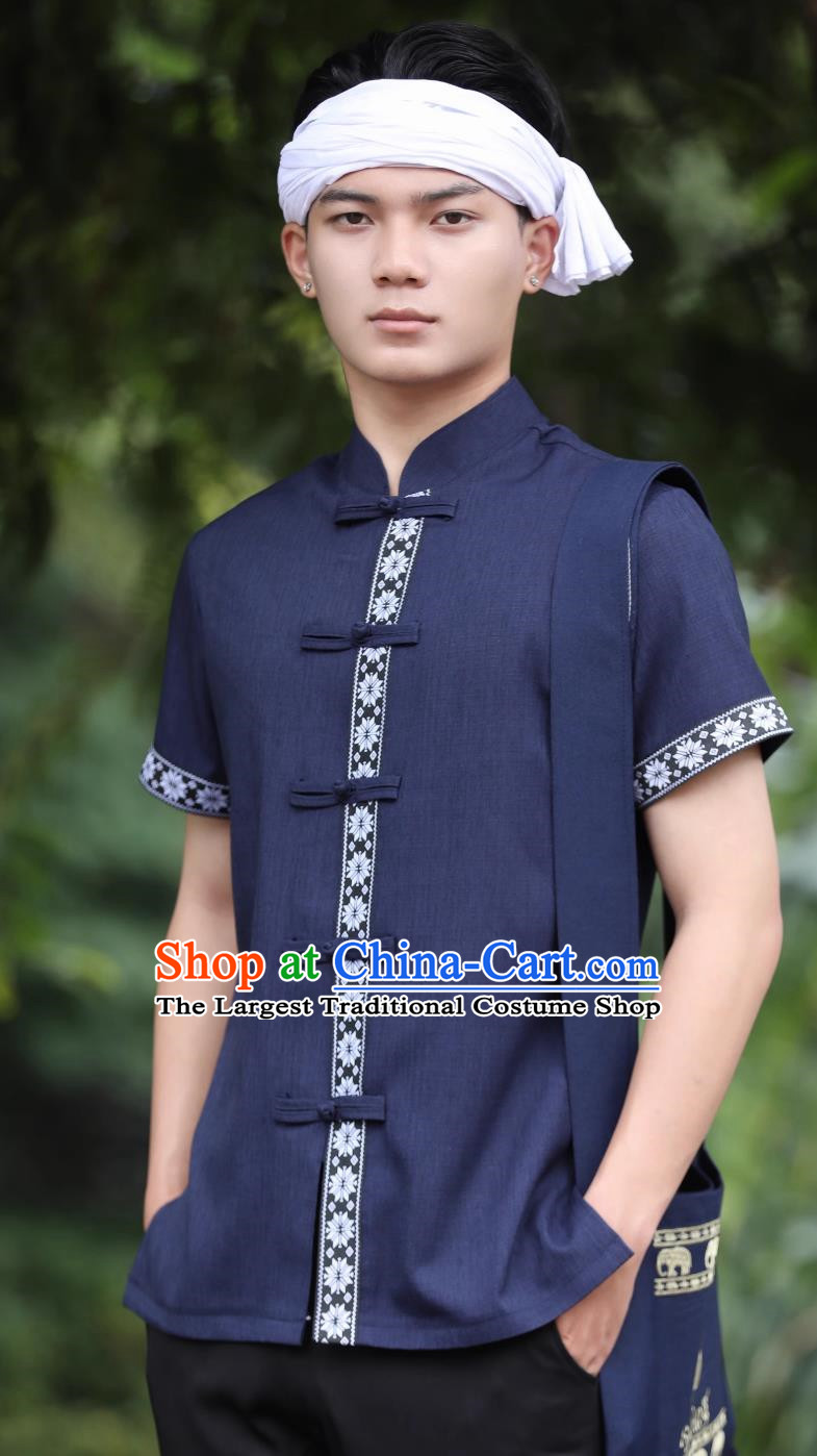 Navy Blue Dai Men Tops Short Sleeved Button Down Shirt Daily Wear