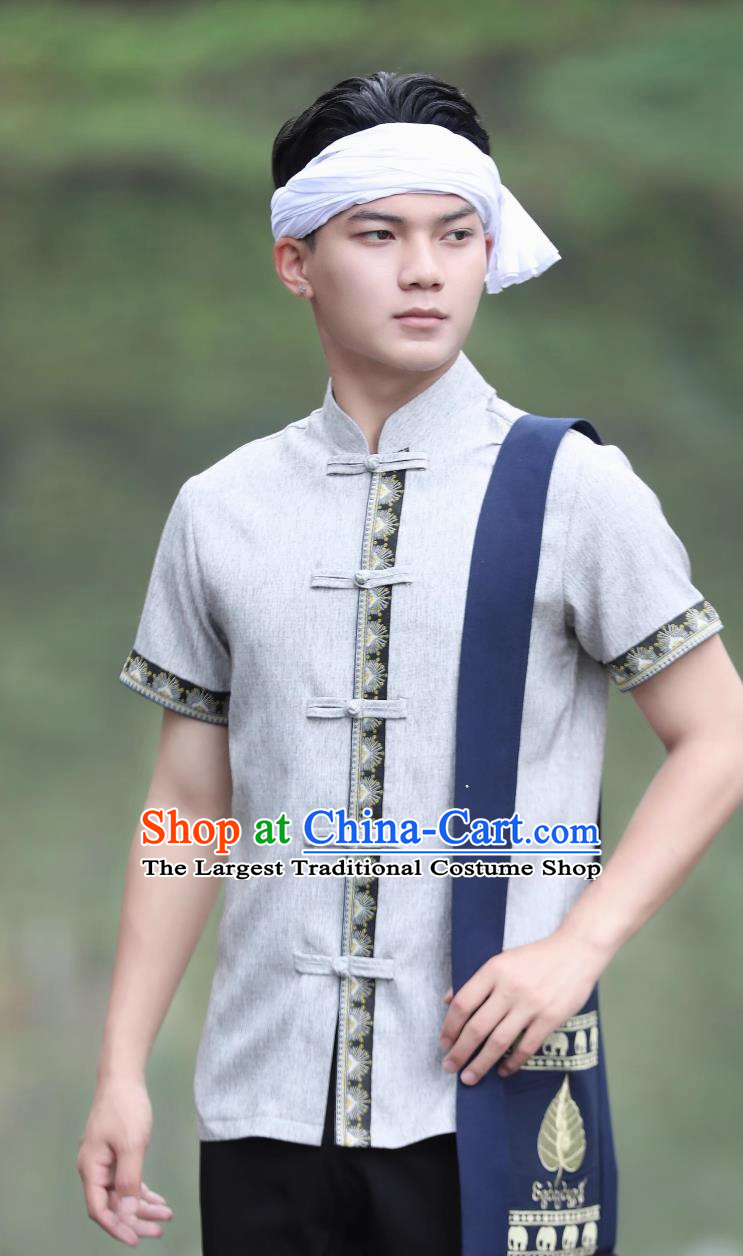 Gray Dai Men Tops Short Sleeved Button Down Shirt Daily Wear